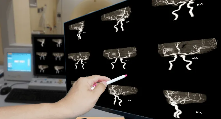 CT angiography images on a monitor during review