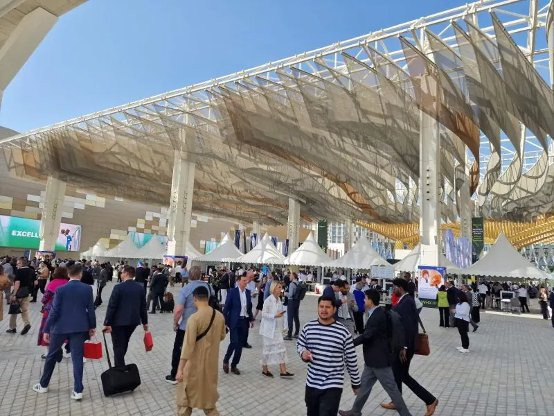 Crowds at the entrance plaza of Dubai Exhibition Centre during WHX 2026